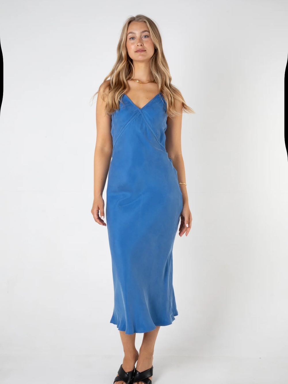 Blue V-Neck Midi Slip Dress